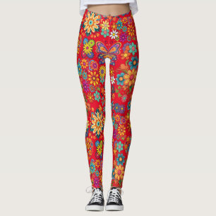 Retro colorful flowers pattern. Red BG Leggings