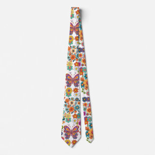 Retro colorful flowers pattern. White BG Neck Tie