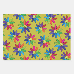 Retro colorful flowers with happy faces pattern wrapping paper sheets
