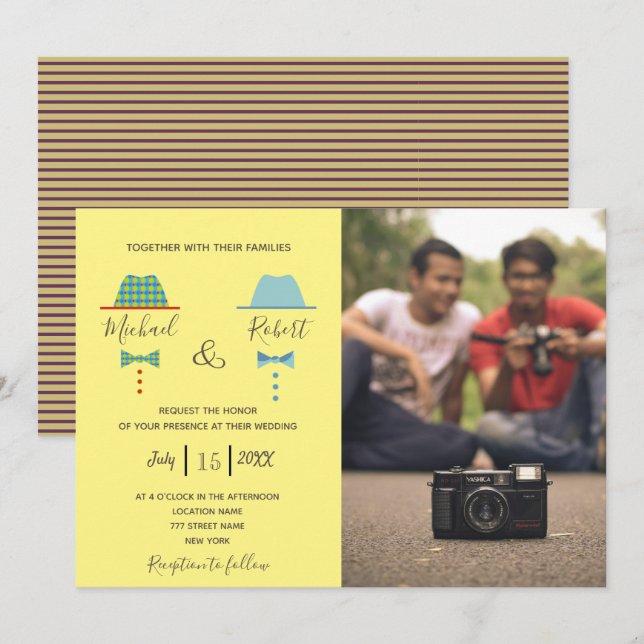 Retro Colorful Gay Photo Wedding Invitation (Front/Back)