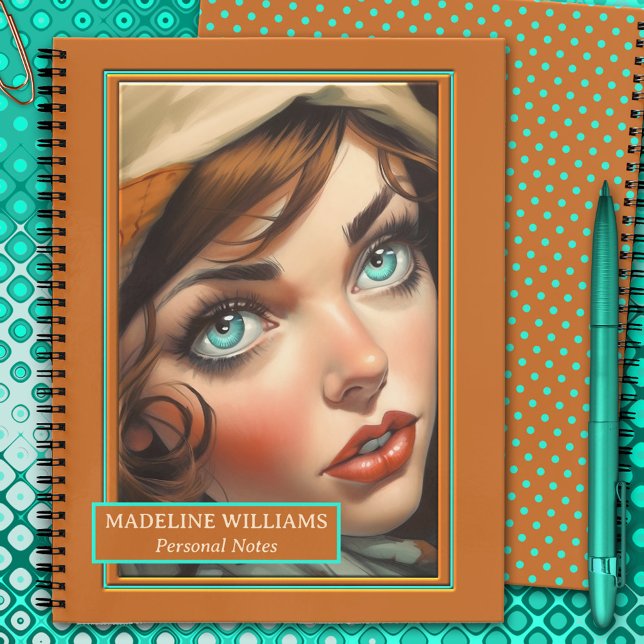Retro Colorful Girly Illustration Notebook (Notebook featuring a fun girly retro illustration on the front & an orange turquoise polka dot back)
