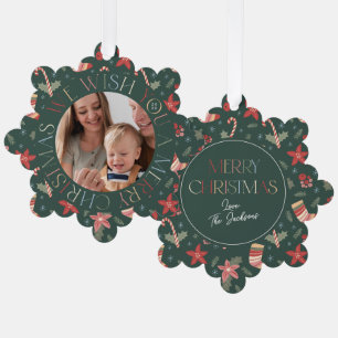 Retro Colorful Green Christmas Floral Photo Ornament Card