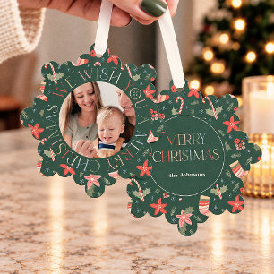 Retro Colorful Green Christmas Floral Photo Ornament Card