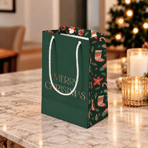 Retro Colorful Green Merry Christmas Small Gift Bag