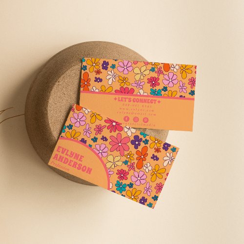 Retro Colorful Groovy Floral Boho Girly Trendy Business Card