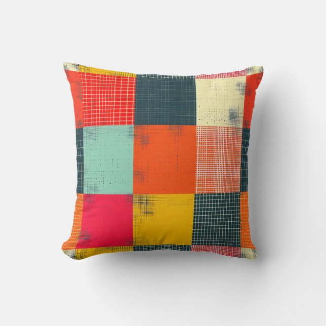 Retro Colorful Grunge Plaid Patchwork Pattern Throw Pillow (Front)