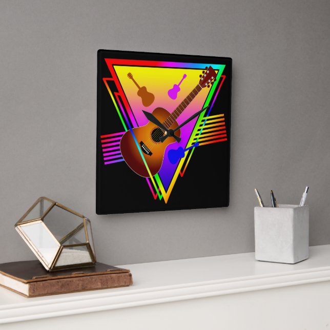 Retro Colorful Guitar Square Wall Clock (Office)