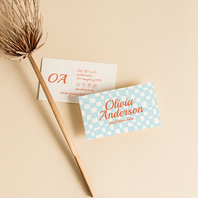 Retro Colorful Hand Drawn Checkered Groovy Cute Business Card (Creator Uploaded)