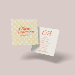 Retro Colorful Hand Drawn Checkered Groovy Cute Square Business Card