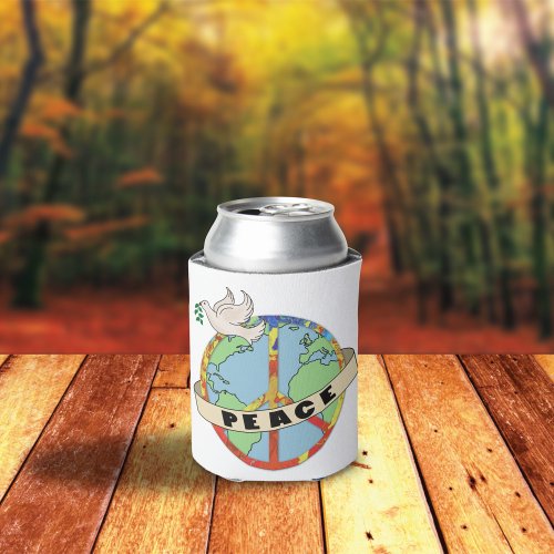 Retro Colorful Hand Drawn World Peace with Dove Can Cooler