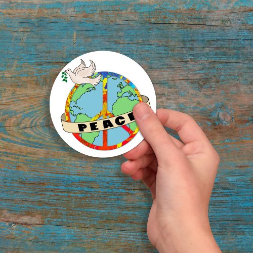 Retro Colorful Hand Drawn World Peace with Dove Classic Round Sticker