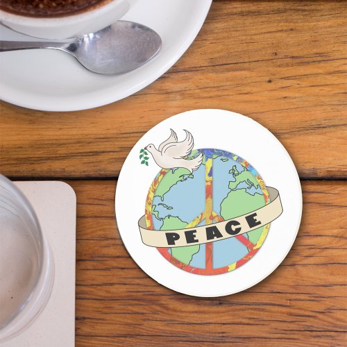 Retro Colorful Hand Drawn World Peace with Dove Coaster