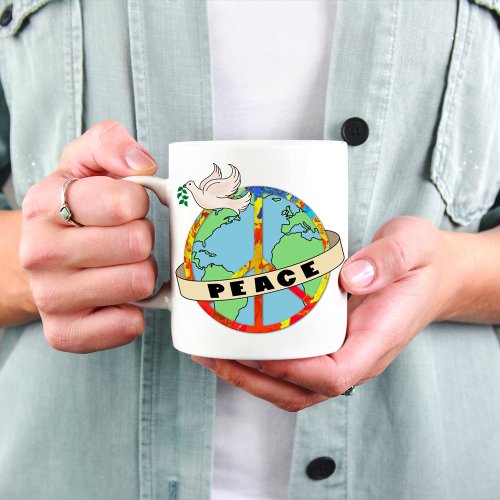 Retro Colorful Hand Drawn World Peace with Dove Coffee Mug