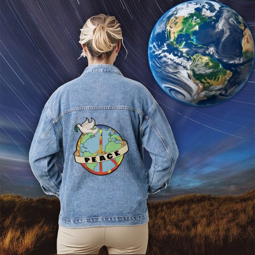 Retro Colorful Hand Drawn World Peace with Dove Denim Jacket