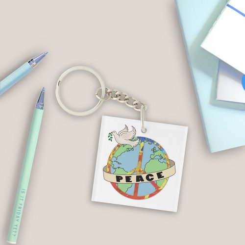 Retro Colorful Hand Drawn World Peace with Dove Keychain
