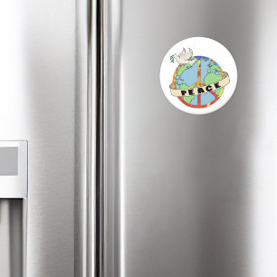 Retro Colorful Hand Drawn World Peace with Dove Magnet