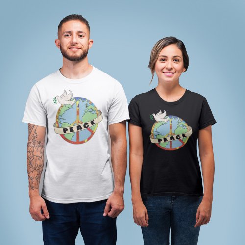 Retro Colorful Hand Drawn World Peace with Dove T_Shirt