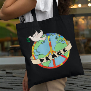 Retro Colorful Hand Drawn World Peace with Dove Tote Bag