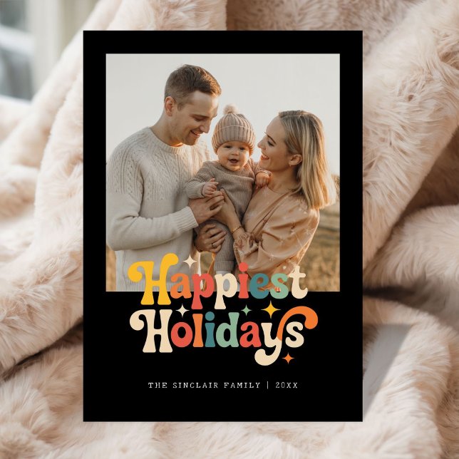 Retro Colorful Happiest Holidays Family Photo Holiday Card (Creator Uploaded)