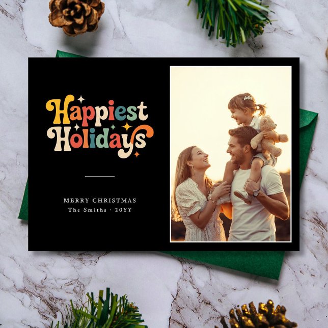 Retro Colorful Happiest Holidays Family Photo  Holiday Card (Creator Uploaded)