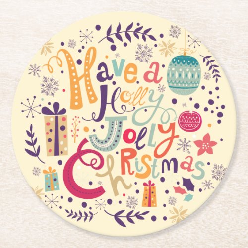 Retro Colorful Have A Holly Jolly Christmas Round Paper Coaster