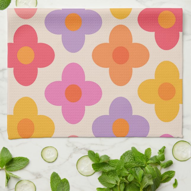 Retro Colorful Hippie Mod Flowers Pattern  Kitchen Towel (Folded)