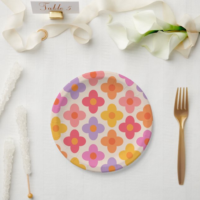 Retro Colorful Hippie Mod Flowers Pattern  Paper Plates (Wedding)