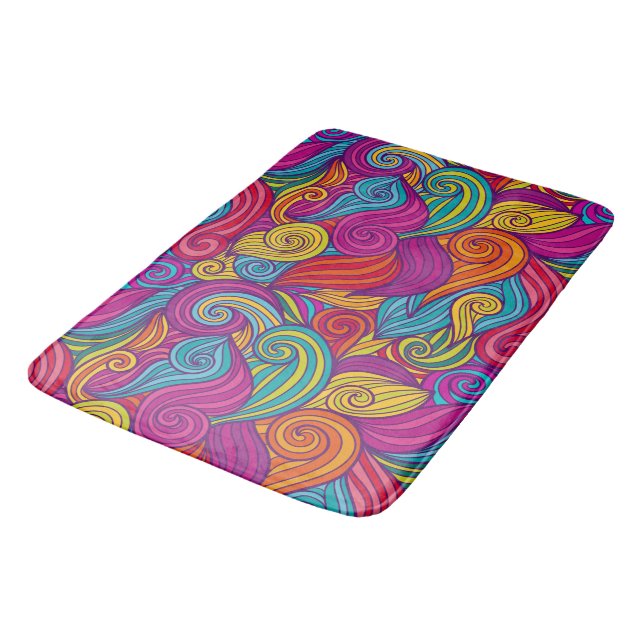 Retro Colorful Jewel Tone Swirly Wave Pattern Bath Mat (Angled)
