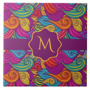 Retro Colorful Jewel Tone Swirly Wave Pattern Tile