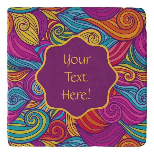 Retro Colorful Jewel Tone Swirly Wave Pattern Trivet (Front)