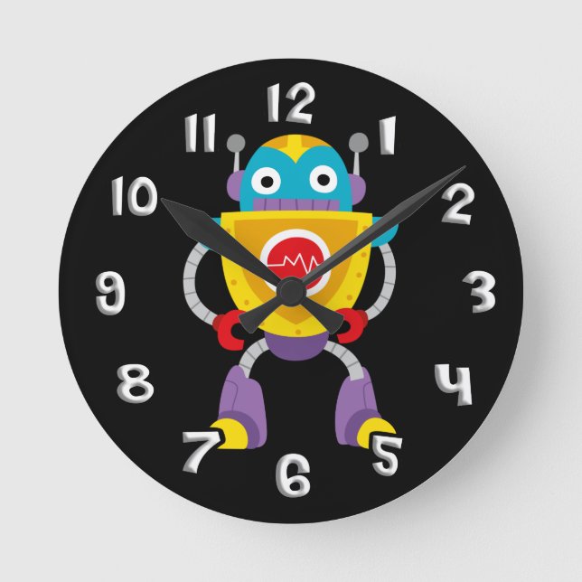 Retro Colorful Kids Robot Round Clock (Front)