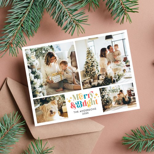 Retro Colorful Merry and Bright 4 Photo Christmas Holiday Postcard