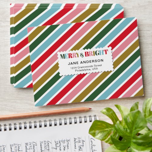 Retro Colorful Merry and Bright Christmas Stripes  Envelope