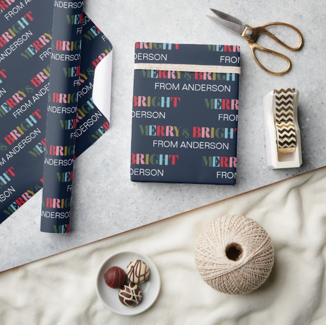 Retro Colorful Merry and Bright Family Christmas Wrapping Paper (Crafts)
