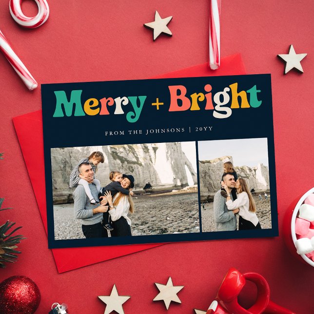 Retro Colorful Merry & Bright 3 Photo Christmas Holiday Card (Creator Uploaded)