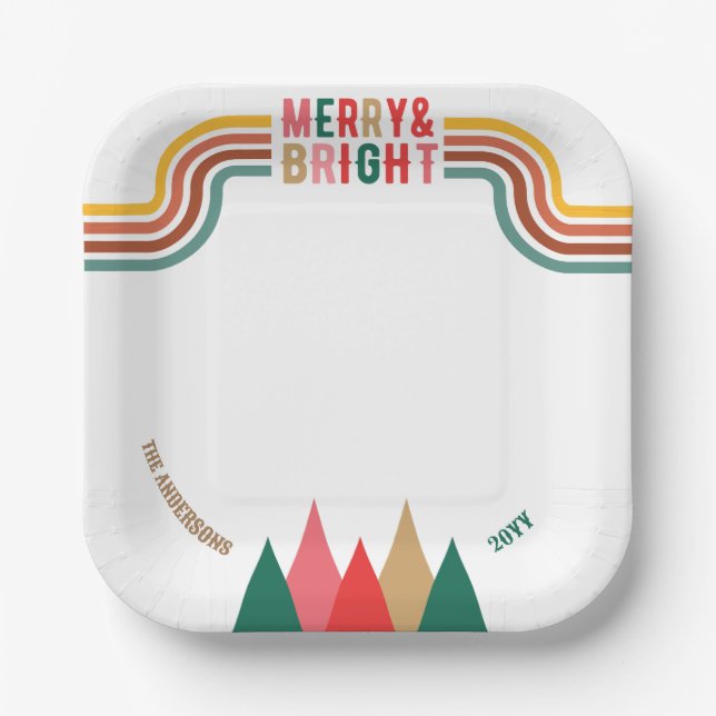 Retro Colorful Merry Bright Christmas Party  Paper Plates (Front)