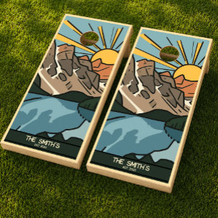 Retro Colorful Mountain Family Name Cornhole Set