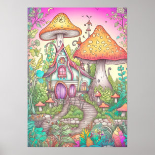 Retro Colorful Mushroom Forest Dwelling Poster