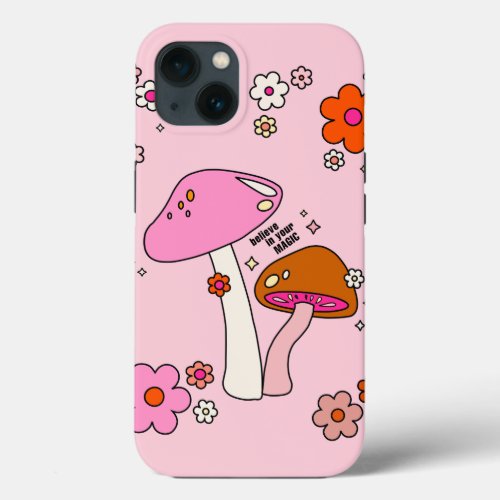 Retro Colorful Mushrooms And Flowers Pink iPhone 13 Case