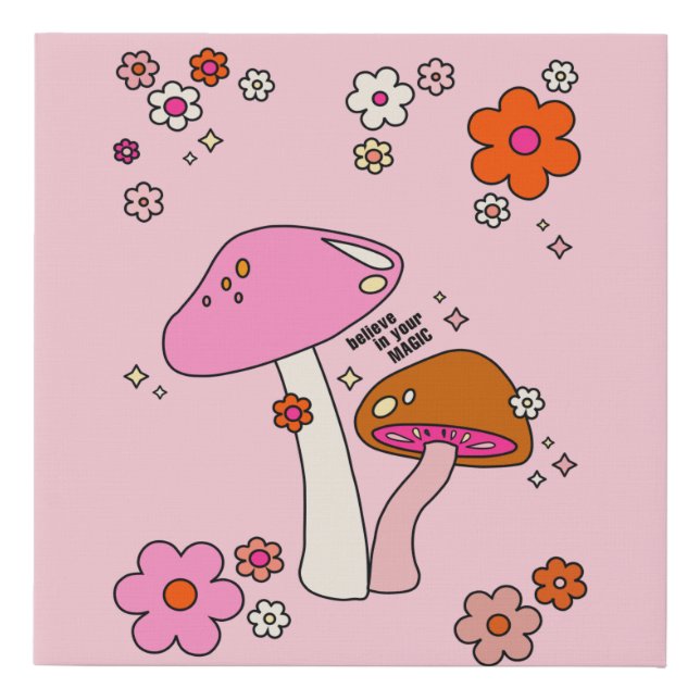 Retro Colorful Mushrooms And Flowers Pink Faux Canvas Print (Front)