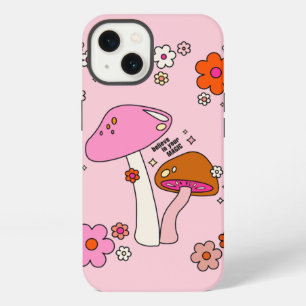 Retro Colorful Mushrooms And Flowers Pink iPhone 13 Case