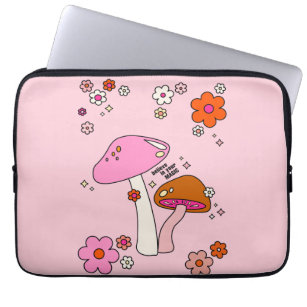 Retro Colorful Mushrooms And Flowers Pink Laptop Sleeve