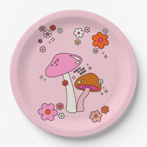 Retro Colorful Mushrooms And Flowers Pink Paper Plates