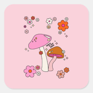 Retro Colorful Mushrooms And Flowers Pink Square Sticker