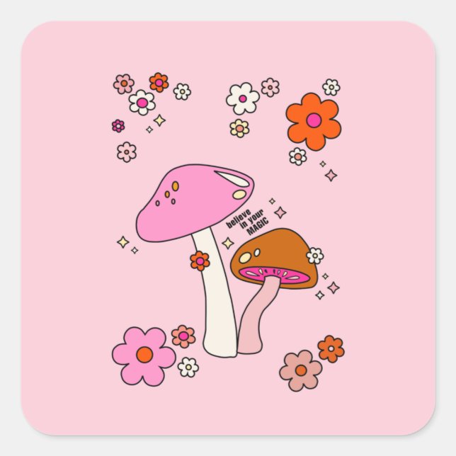 Retro Colorful Mushrooms And Flowers Pink Square Sticker (Front)