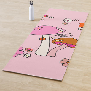 Retro Colorful Mushrooms And Flowers Pink Yoga Mat