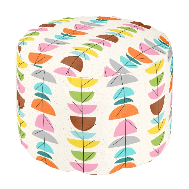Retro Colorful Nests Round Pouf (Angled Front)