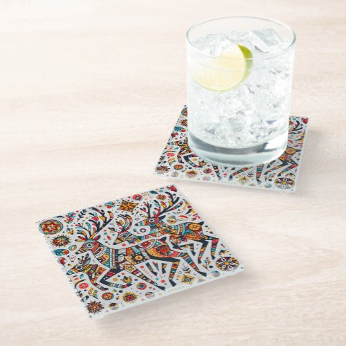Retro Colorful Nordic Style Reindeer pattern Glass Coaster