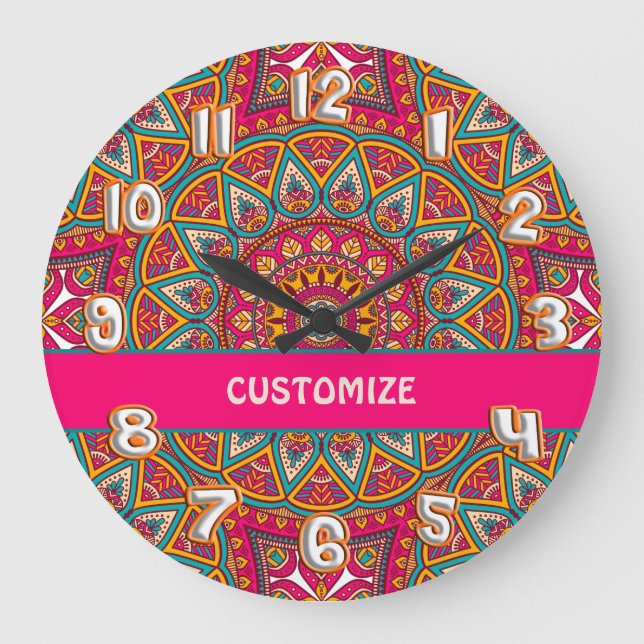 Retro Colorful Pink Mandela 70s Boho Large Clock (Front)