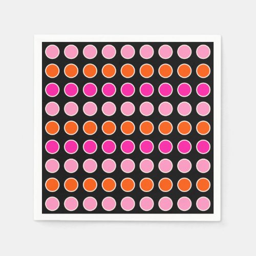 Retro Colorful Polka Dots Black Pink And Orange Napkins